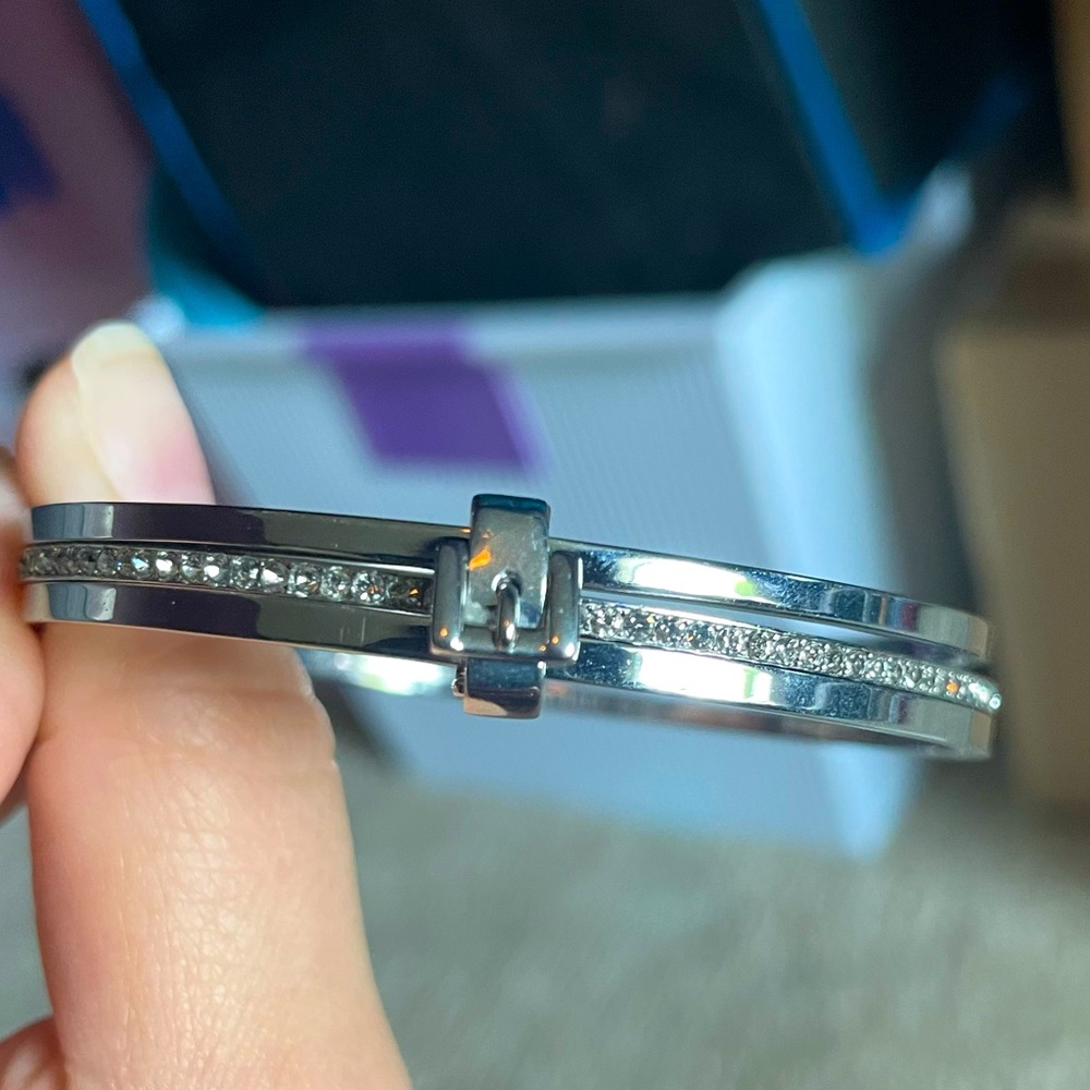 Michael Kors three silver bangles with buckle and rhinestones bracelet
